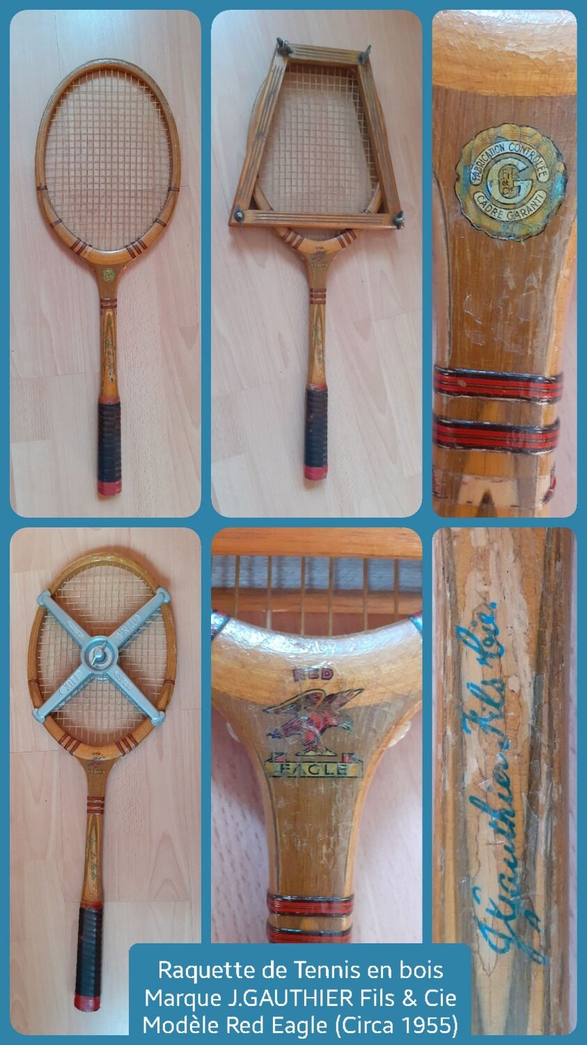 Wooden tennis racket brand j.gauthier fils & cie + 2 presses (wood and aluminum)