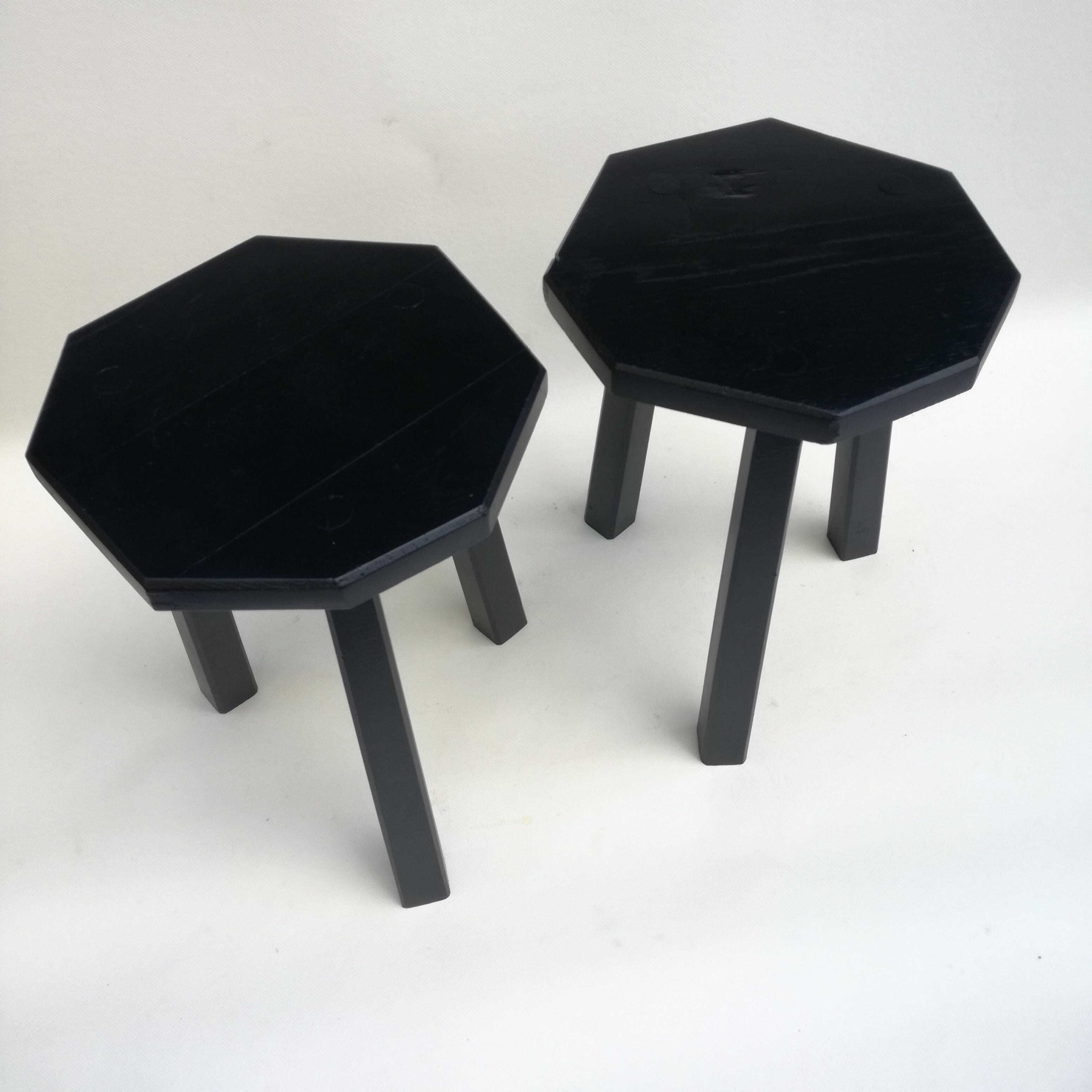 Black brutalist wooden stools, set of 2