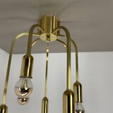 Large cubic brass 7 bulb flush mount ceiling light, italy 1970s
