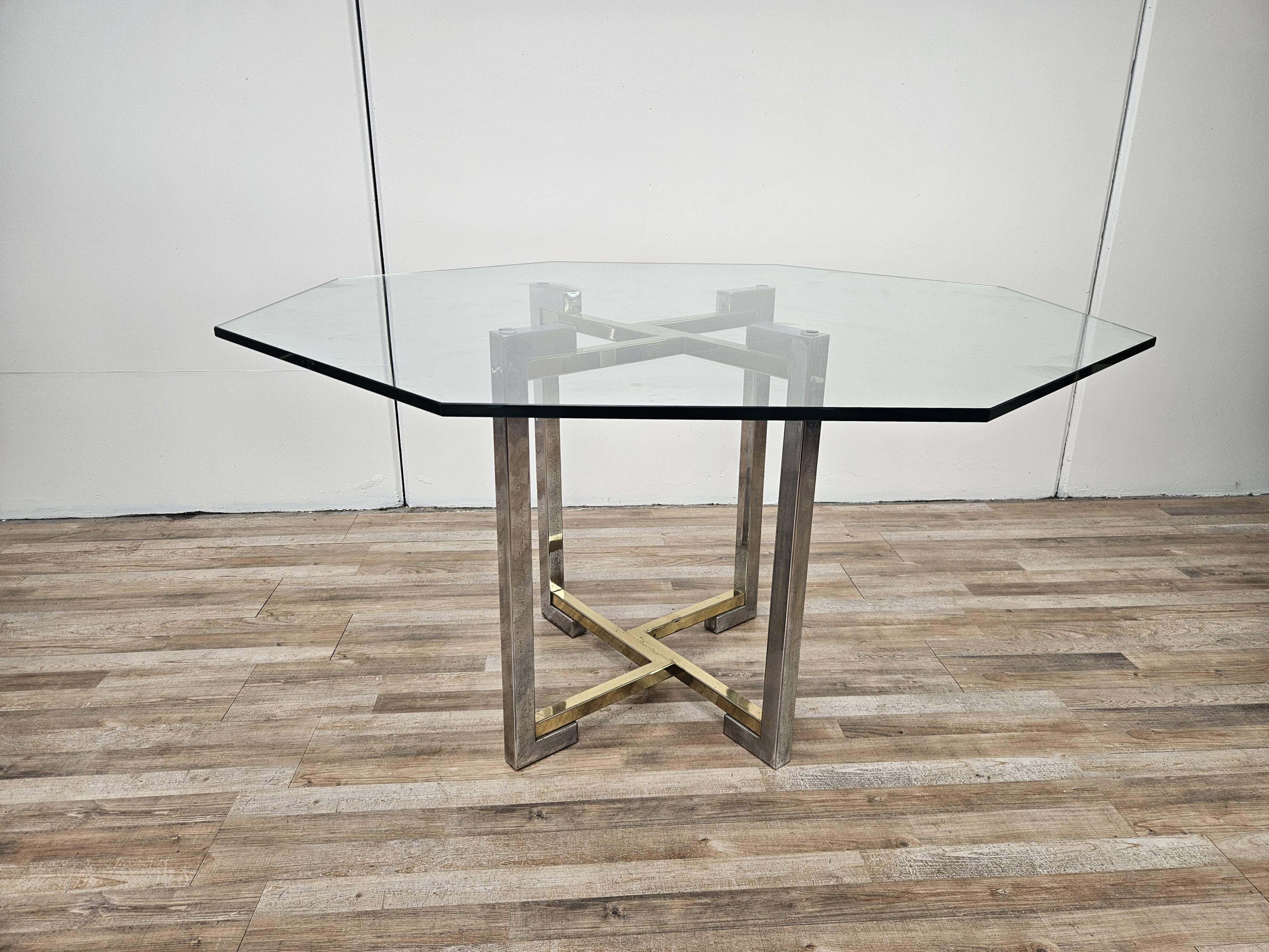 Regency Table in Chromed Metal and Brass with Hexagonal Glass Top