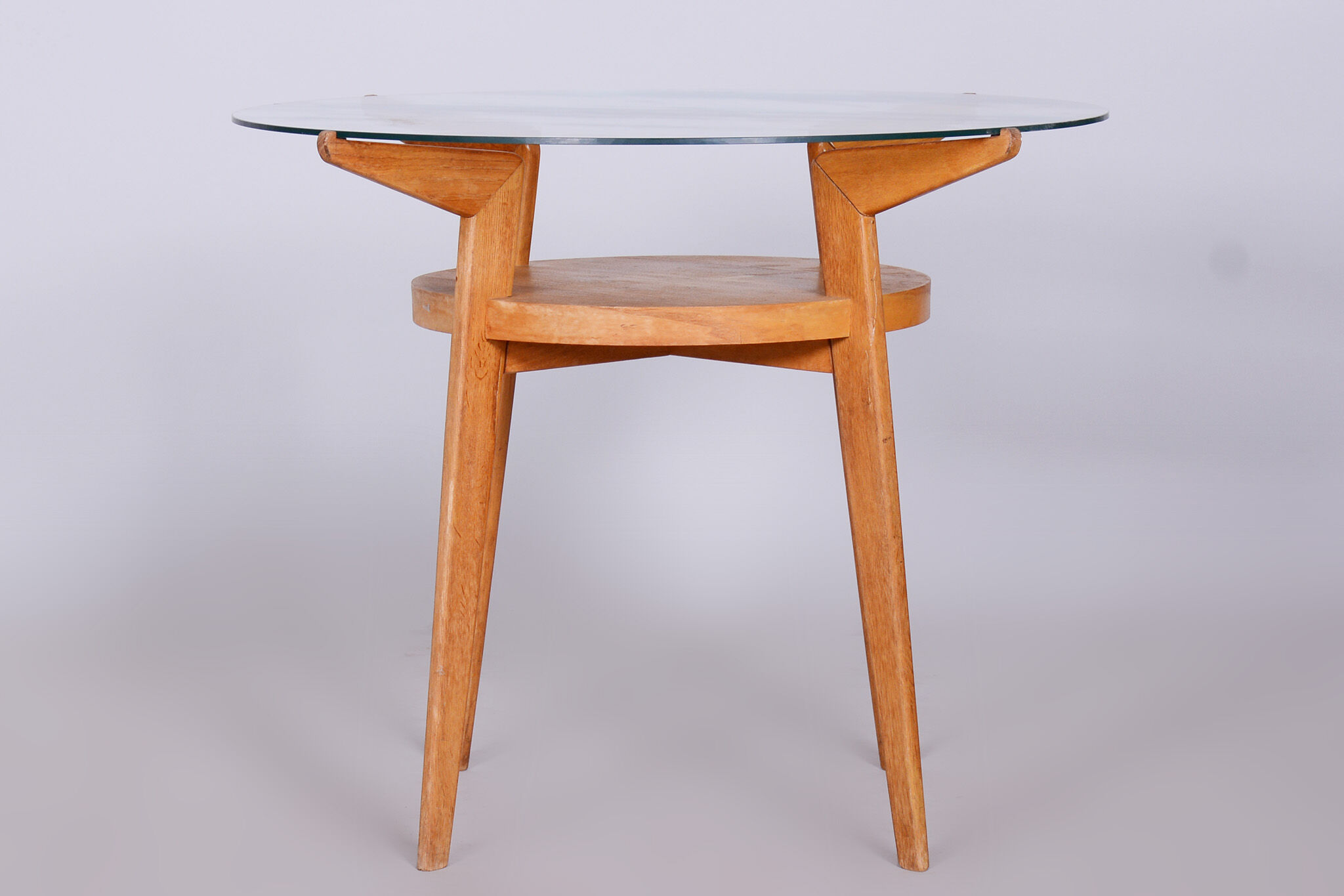 Mid-century small round table, jitona sobeslav, oak, glass, czechia, 1950s
