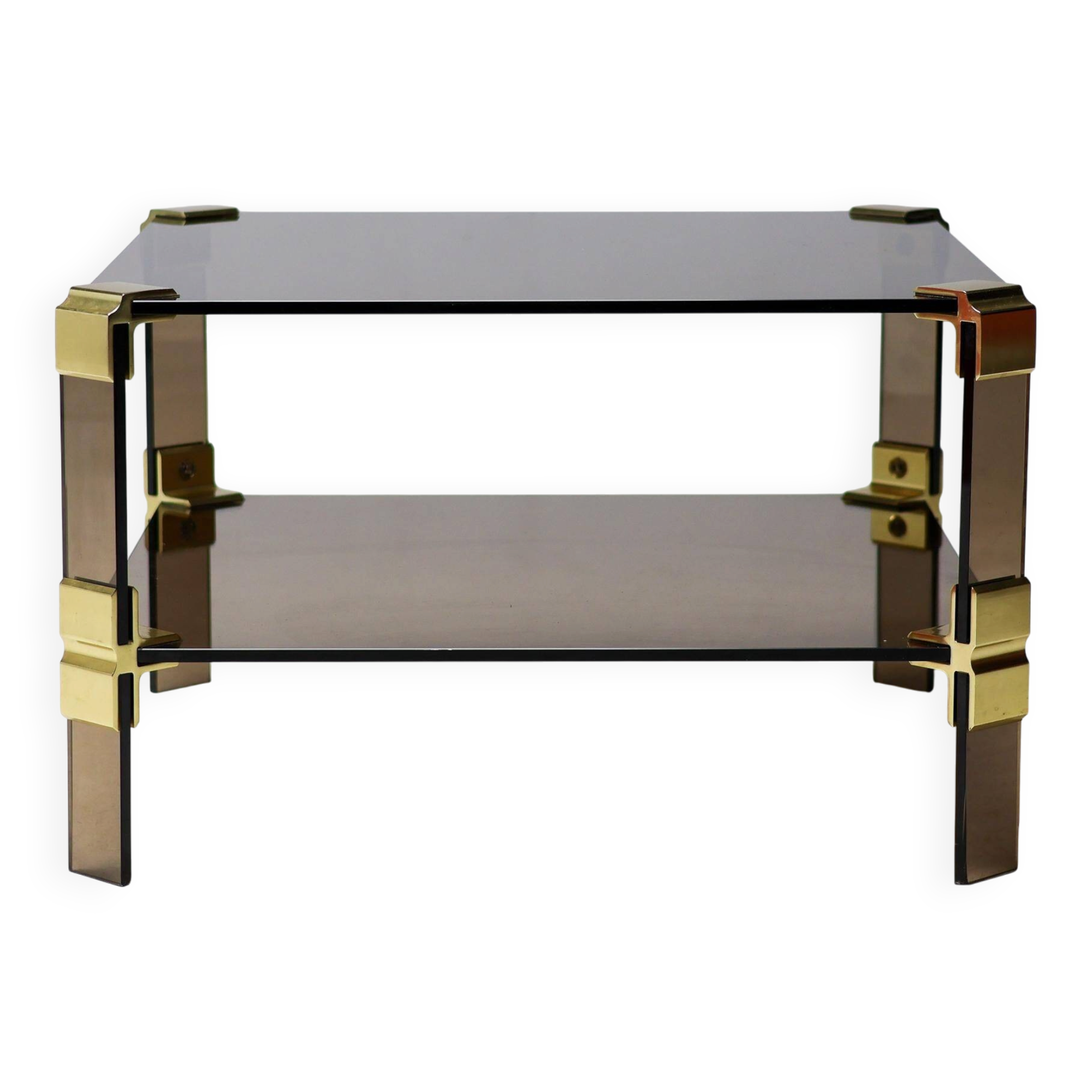 Hollywood Regency coffee table in brass and smoked glass, chic two-tier coffee table.