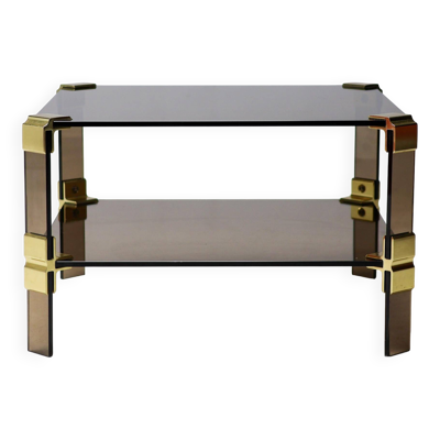 Table basse Hollywood Regency en laiton et verre fumé table basse chique à deux niveaux
