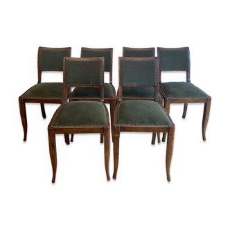 Set of art deco wooden chairs with green velvet seats