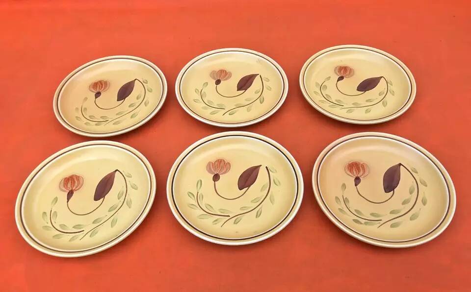 1960s 6 dessert plates Ateliers du Revernay France Matte stoneware Floral decoration