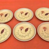 1960s 6 dessert plates Ateliers du Revernay France Matte stoneware Floral decoration