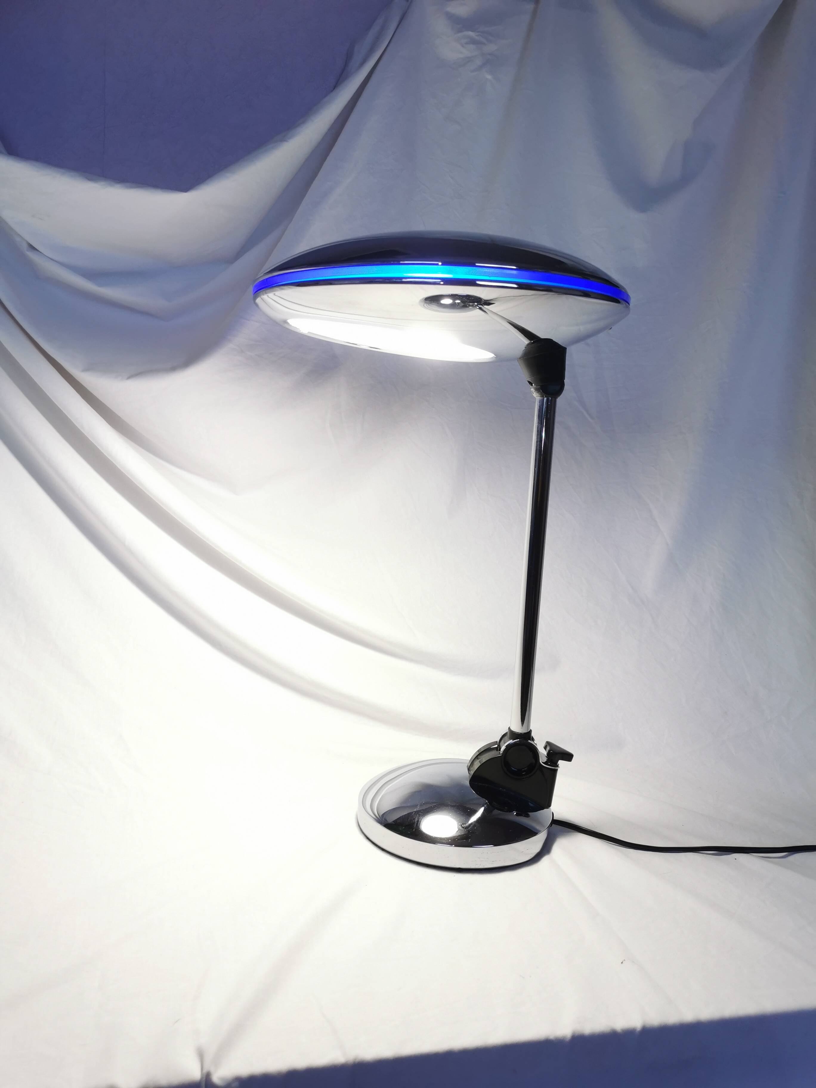 Adjustable chrome metal UFO lamp, space age, UFO, Aluminor, France, 1980.