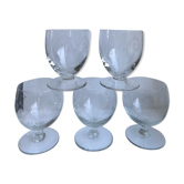 Lot de 5 verres à vin ronds en cristal gravé années 50