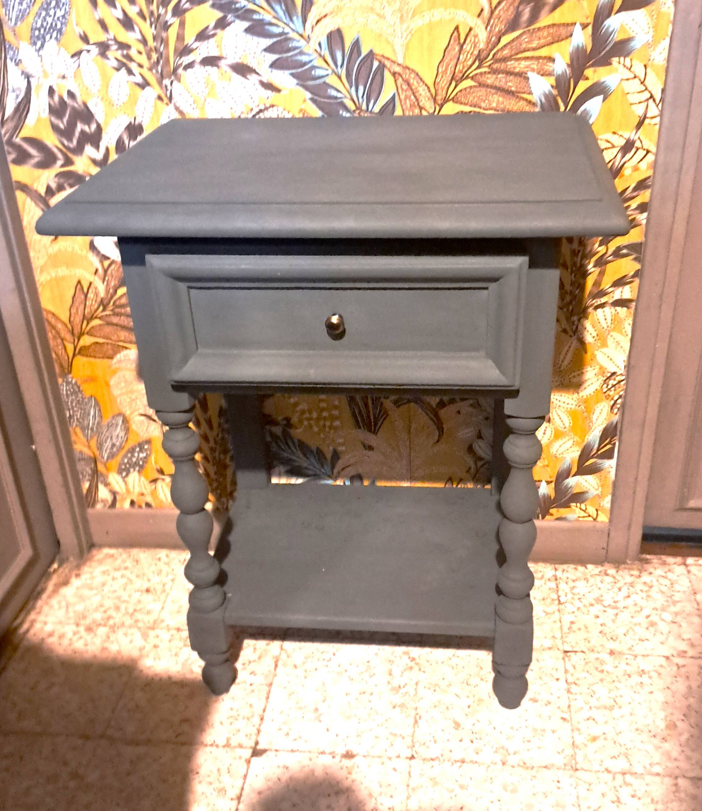 Restored 1900 bedside table in solid wood painted in Gustavian grey