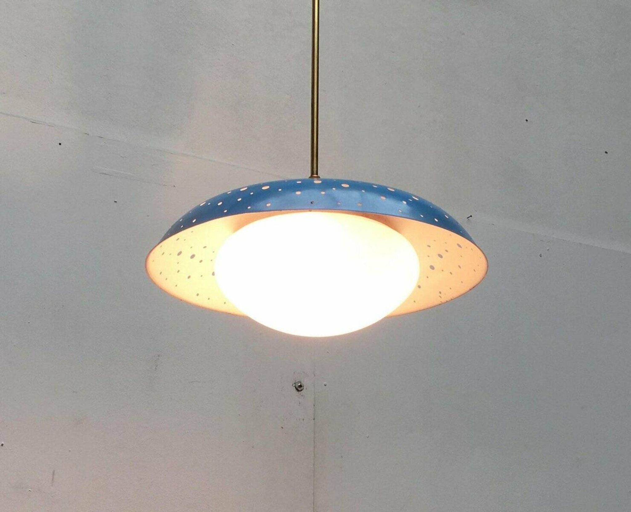 Perforated metal pendant lamp in mid-century style attributed to Ernest Igl for Hillebrand Leuchten, 1960s.