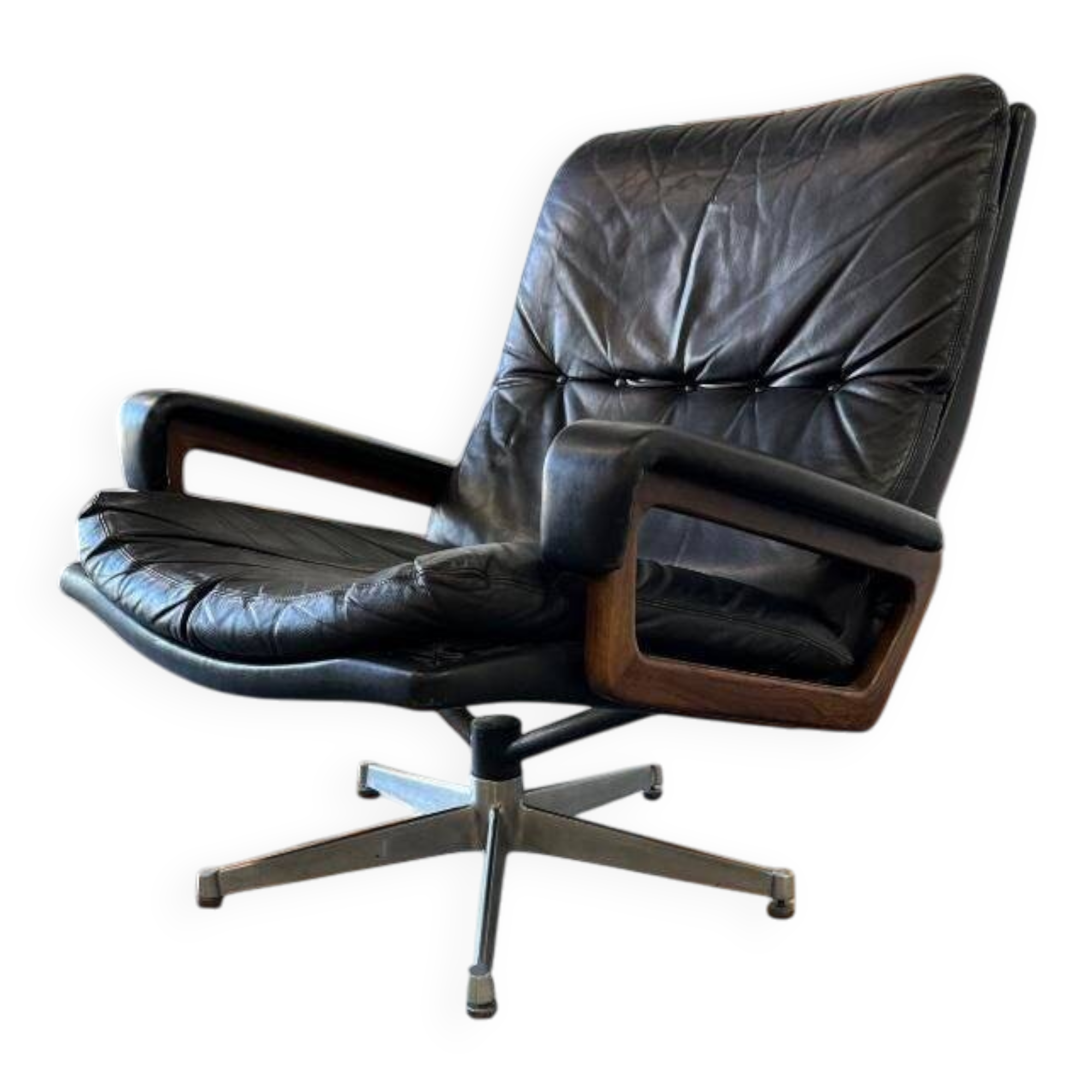 Vintage black leather armchair / Andre Vandenbeuck single seater armchair