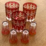 7 aperitif glasses in red and transparent glass chiseled vintage