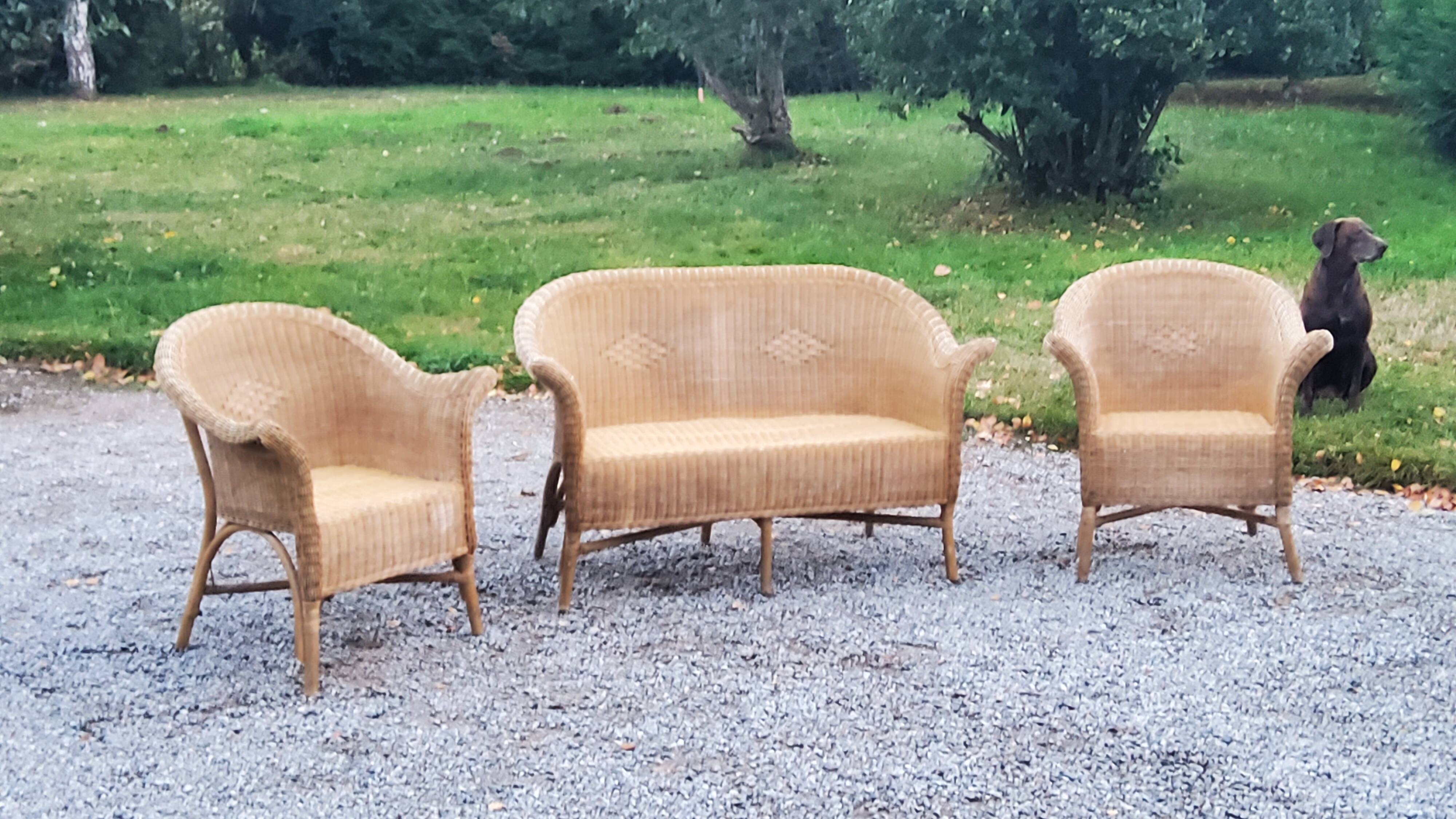 Pair of armchairs and bench in rattan and bamboo from the 60s/70s