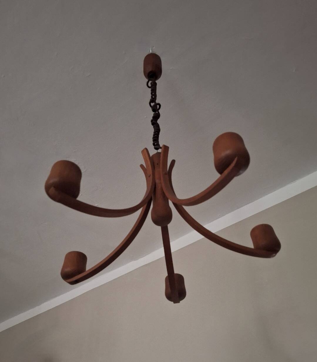 Teak variable height chandelier with 5 arms  by Domus, Denmark 1970s