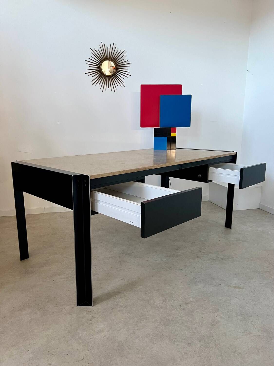 Italian design postmodern desk in metal and vintage 80s travertine top