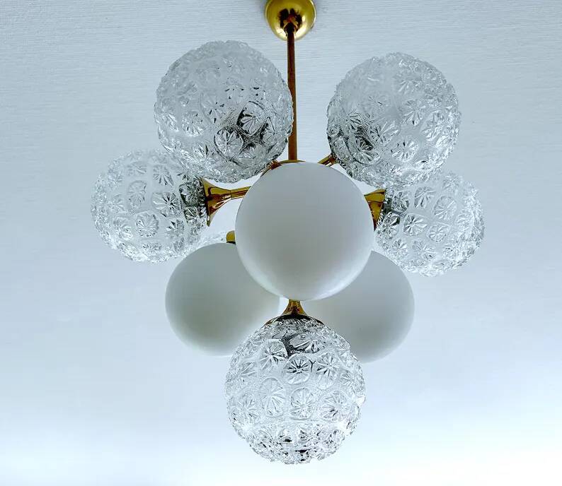 Mid Century Italian Glass & Brass Pendant Light