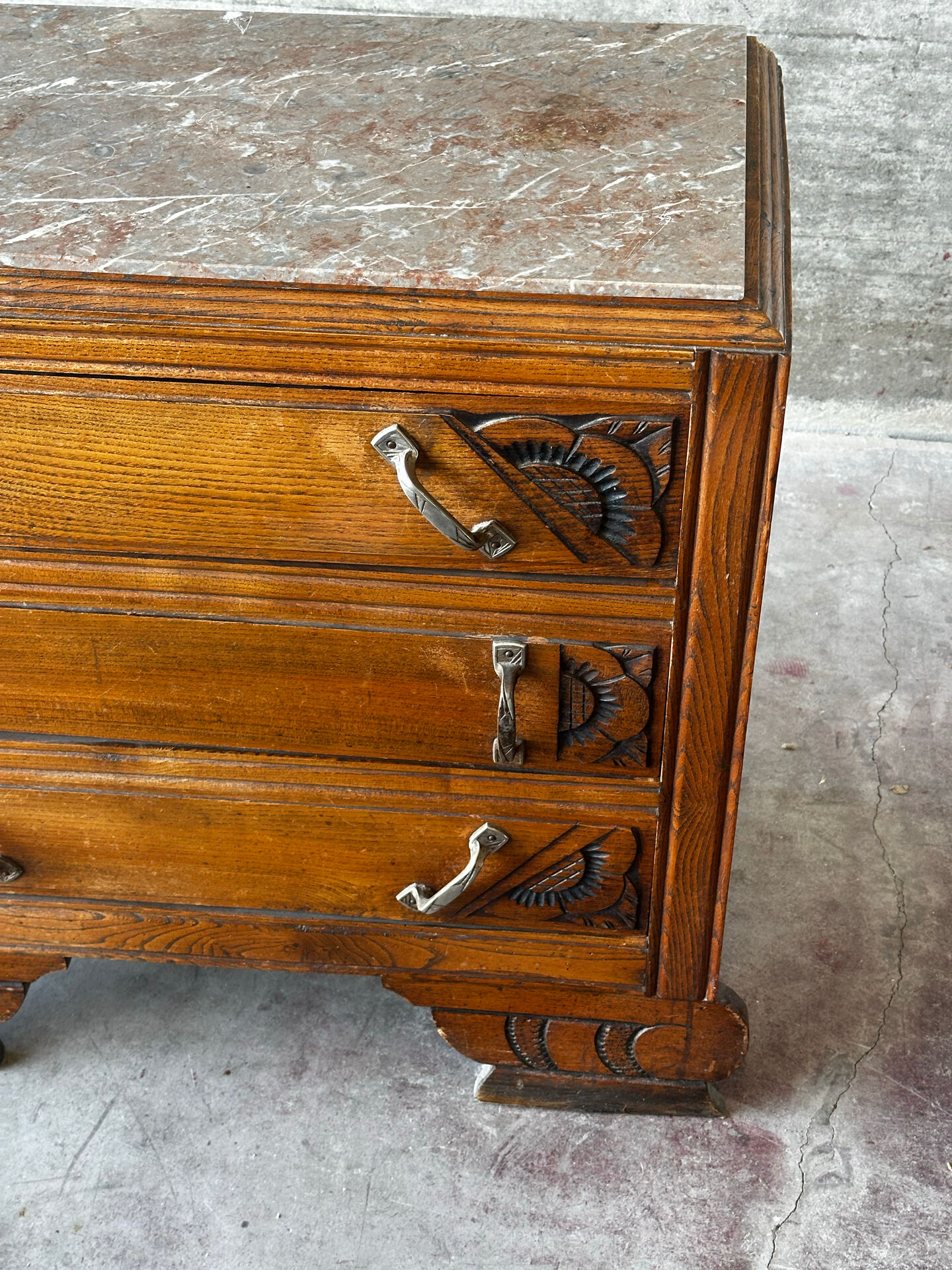 Compact Art Deco commode from the 1930s, carved wood and marble.
