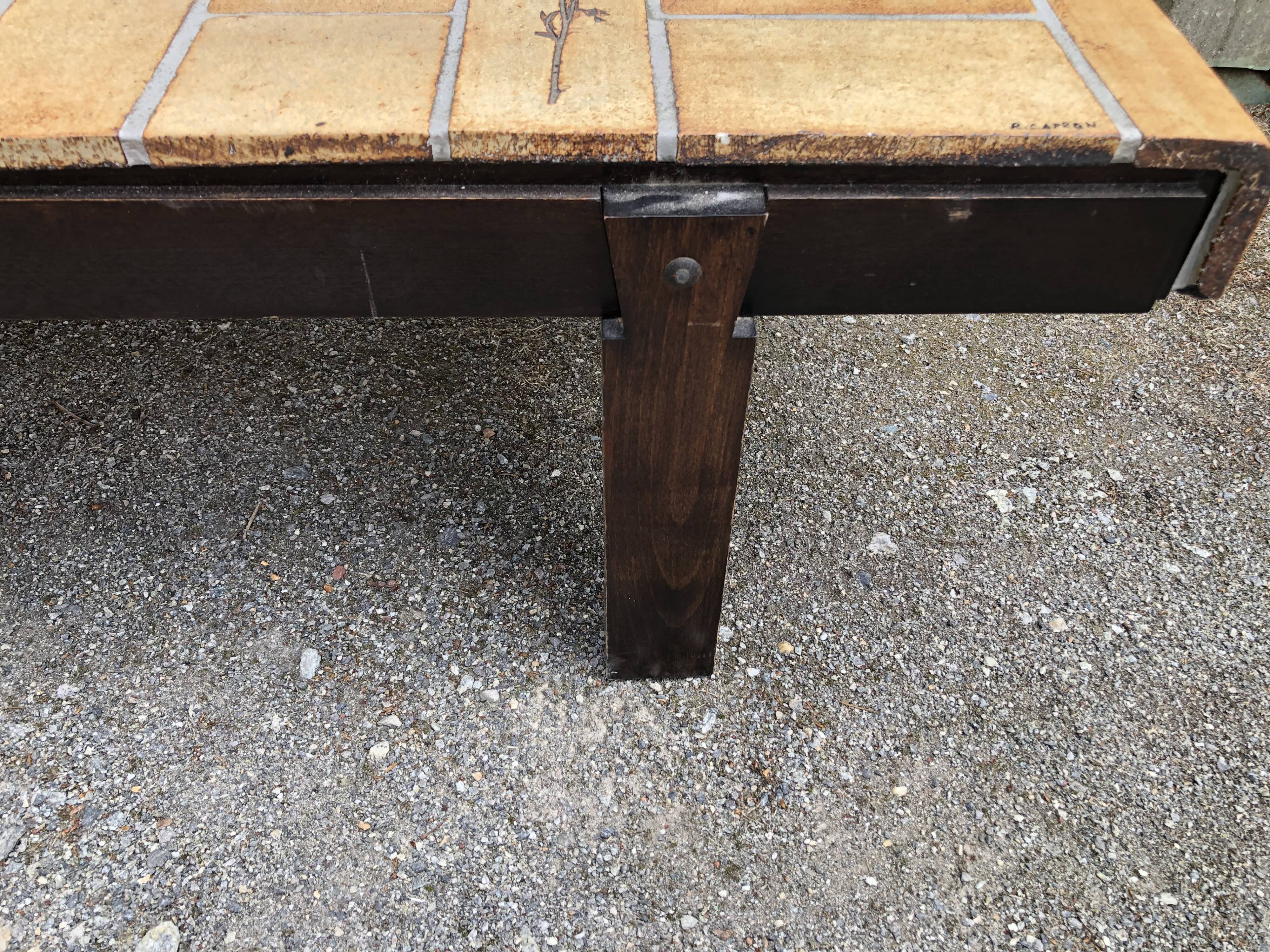 Vintage ceramic coffee table with herbarium decorations by Roger Capron, solid beech base.