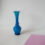 Sky blue opaline vase with scalloped edges and small handles, design from the 1960s.