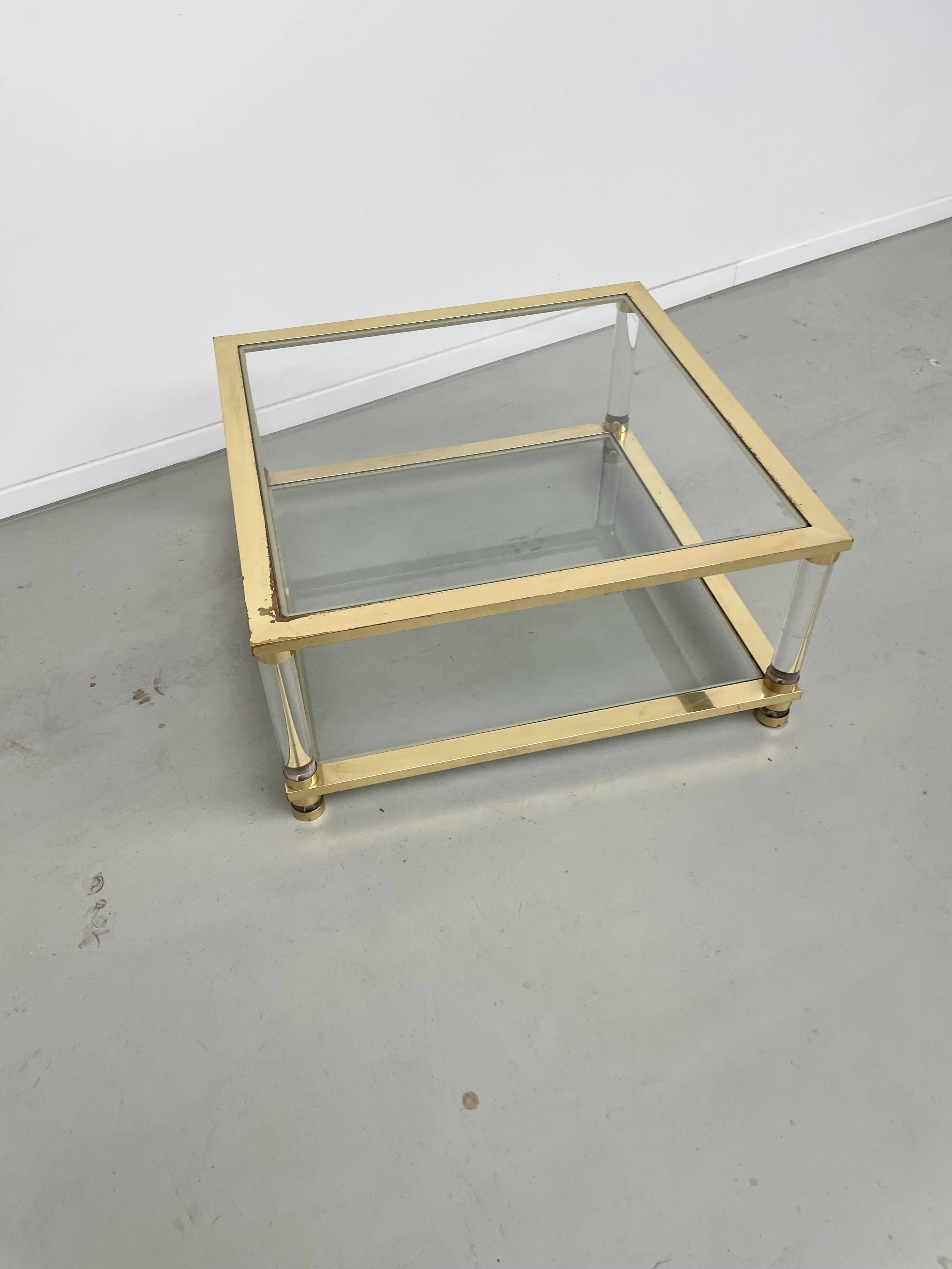 1970s lucite, brass and glass coffee table