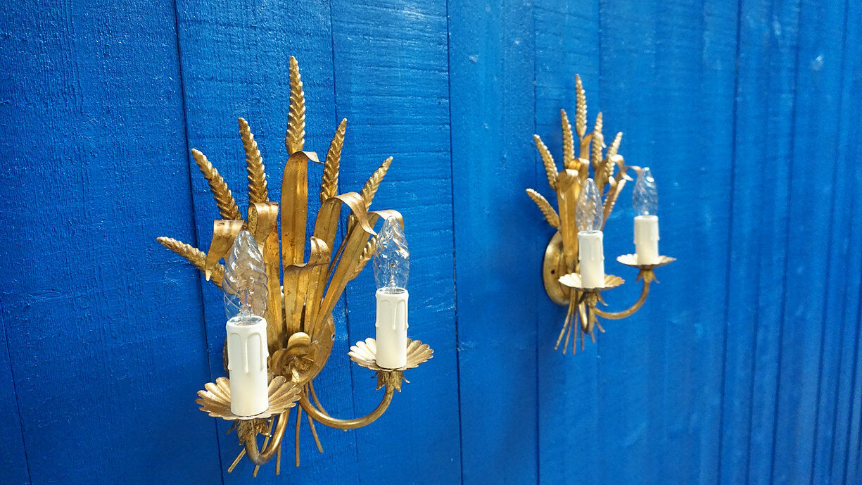 Italian 1960 Hollywood Regency Gilt Metal Sheaf of Wheat Wall Sconces, 1 of 7