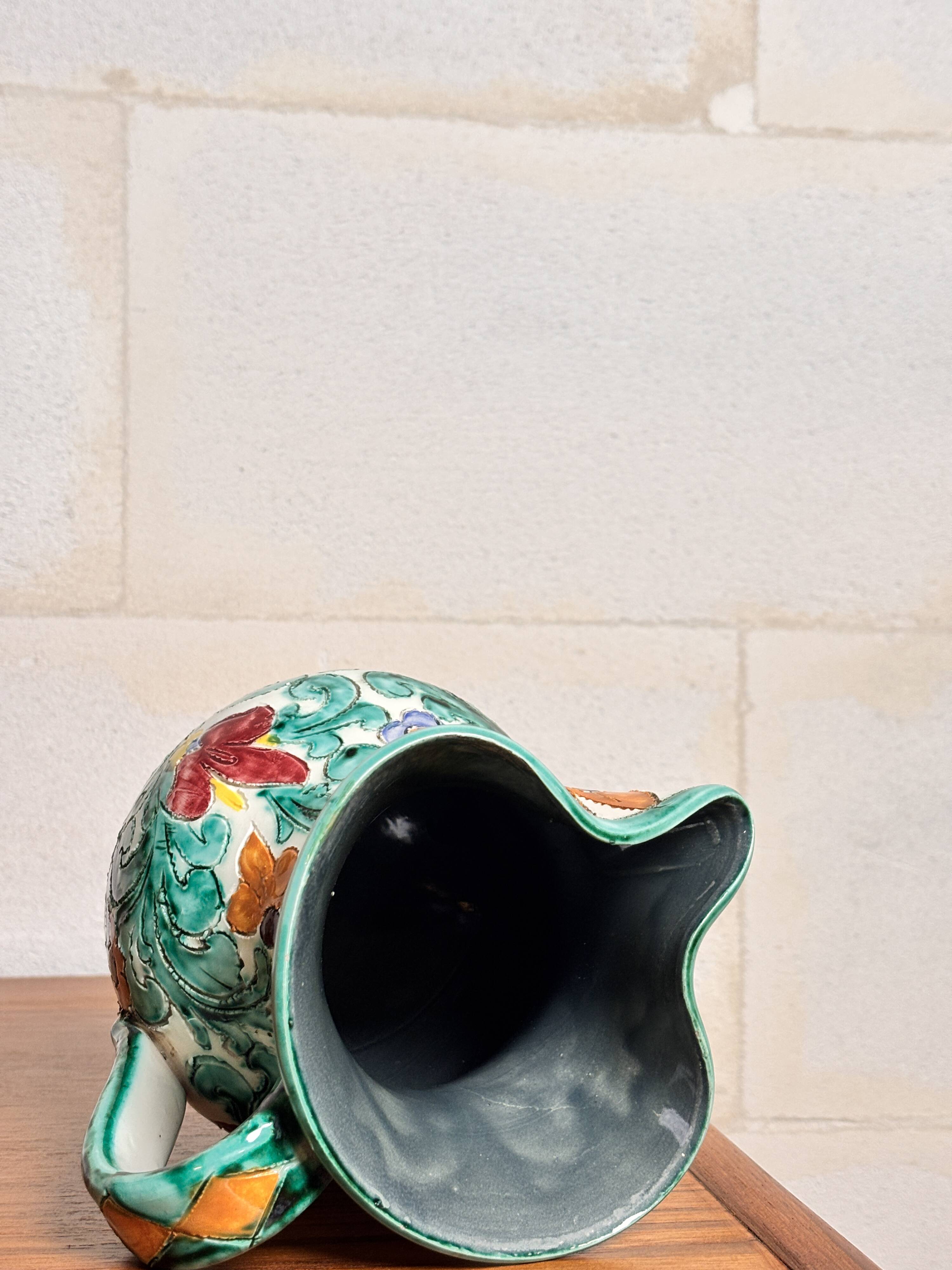 Vase jug with handle – floral decoration, signed Cerart Monaco ⎥1960s