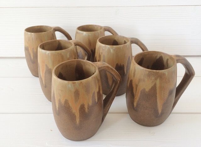 Lot 6 sandstone mugs varnished vintage 50s