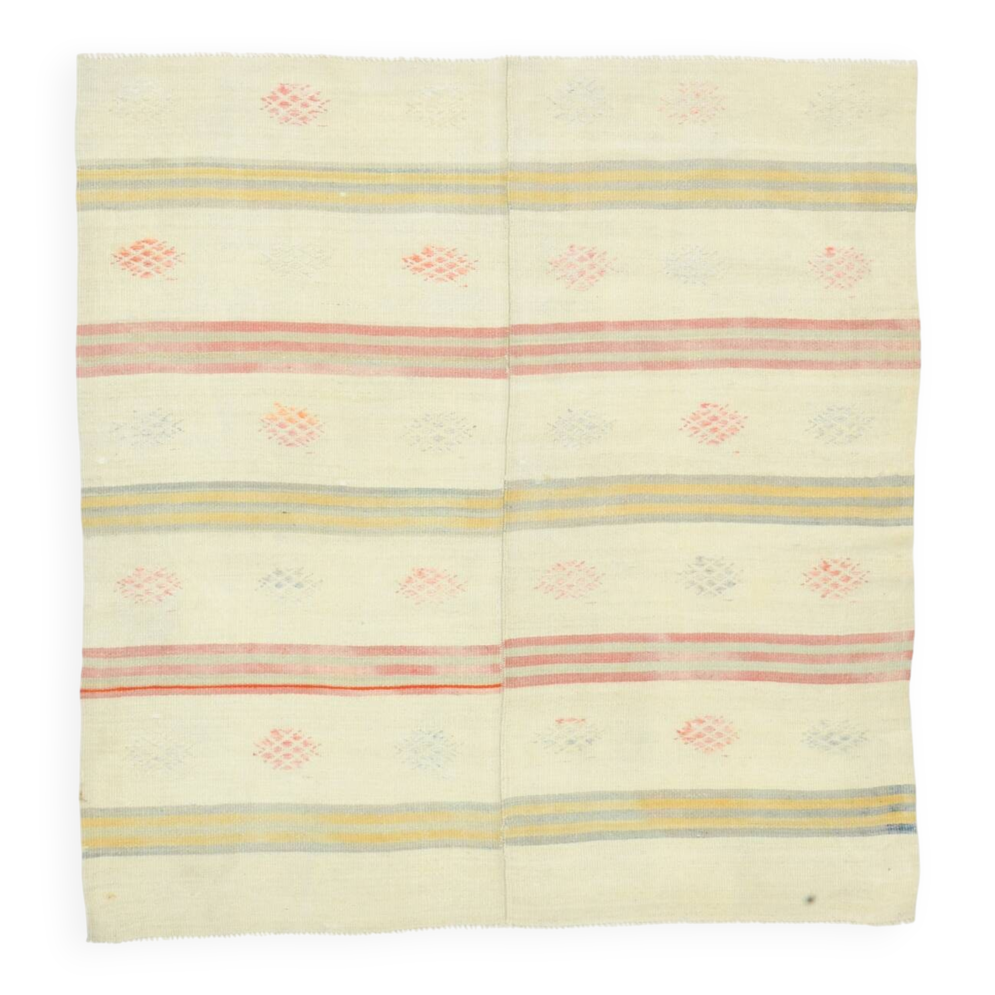 4x4 Cream Pale Red Square Vintage Kilim Rug, 136x142Cm
