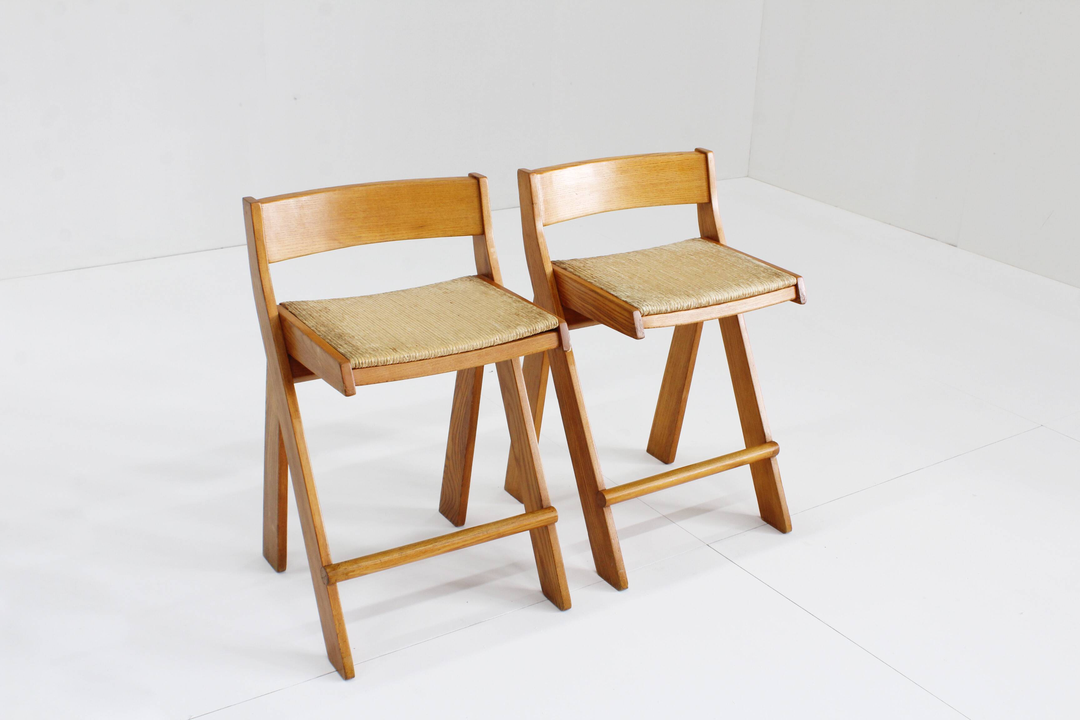 Vintage Italian wood and rope bar stools , set of 2