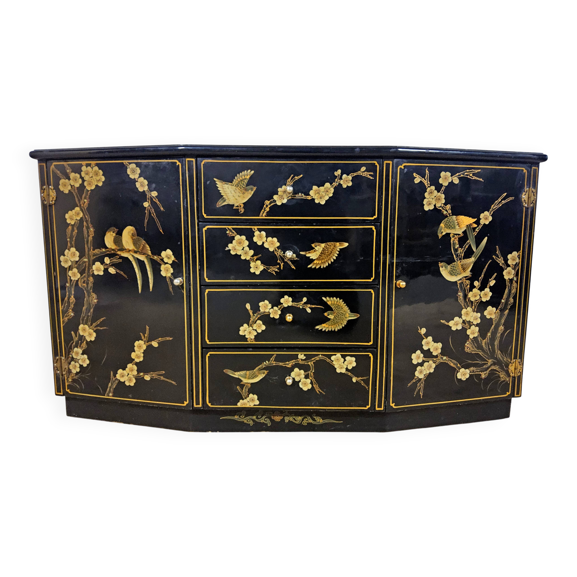 Vintage Chinese sideboard / lacquer cabinet (black / birds) Bohemian