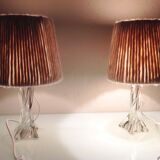 Pair of twisted glass foot bedside lamps and wool/vintage 60s and 70s lampshades