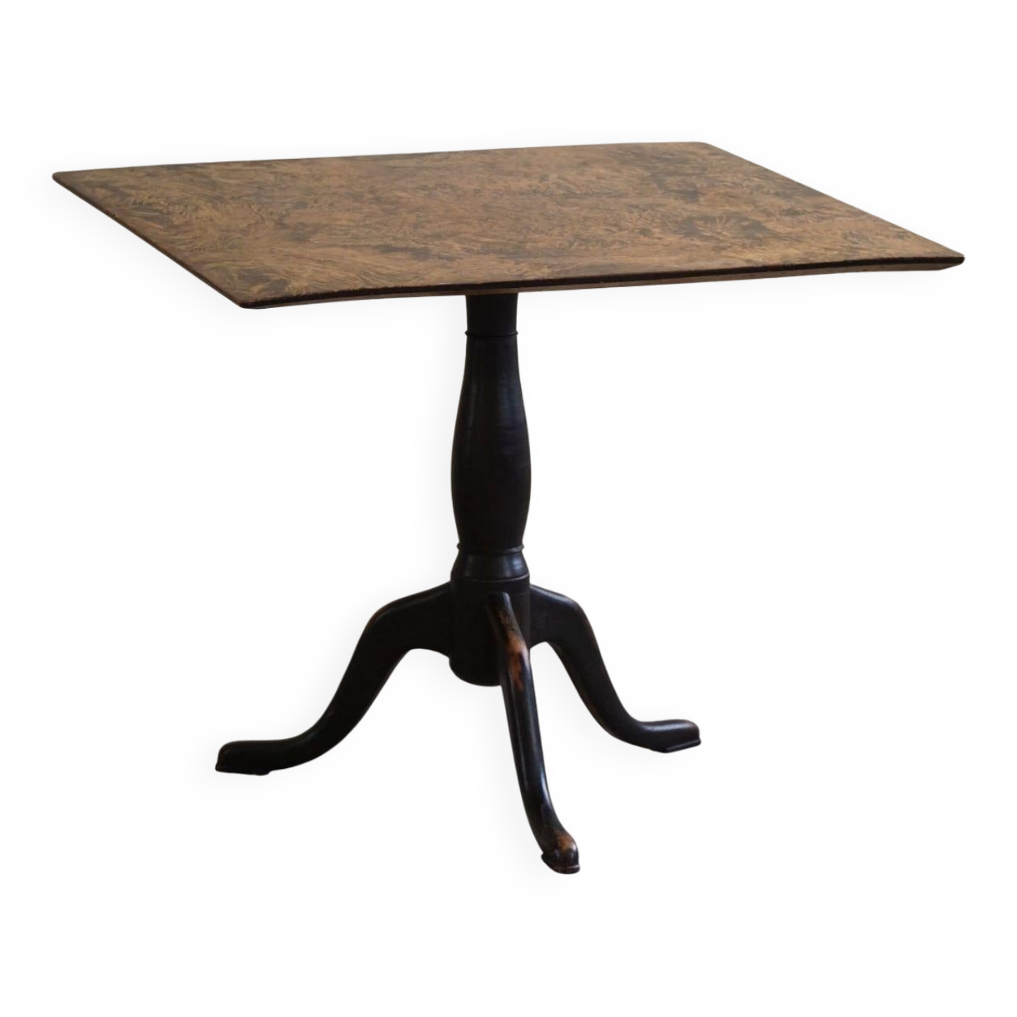 Antique square table with drop leaves made of burl wood, handcrafted in Sweden, 19th century.