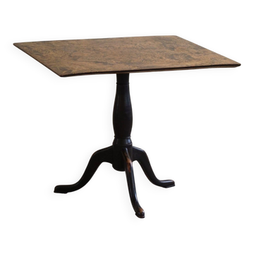 Antique square table with drop leaves made of burl wood, handcrafted in Sweden, 19th century.