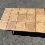 Vintage garden table with ceramic tile top and wrought iron base