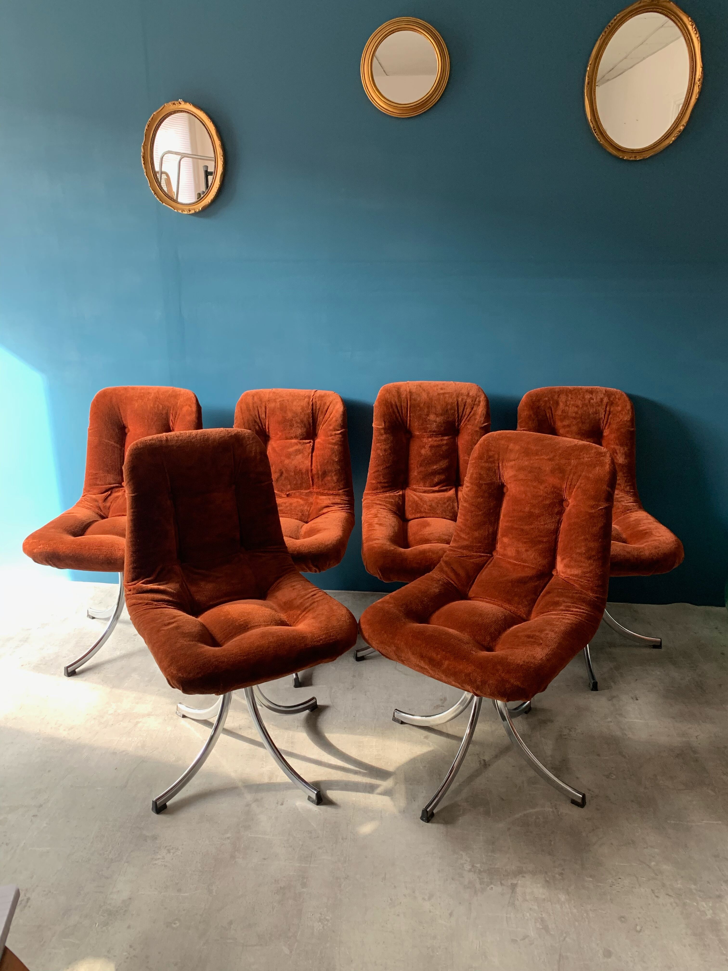 Series of 6 velvet/chrome swivel chairs from the 70s