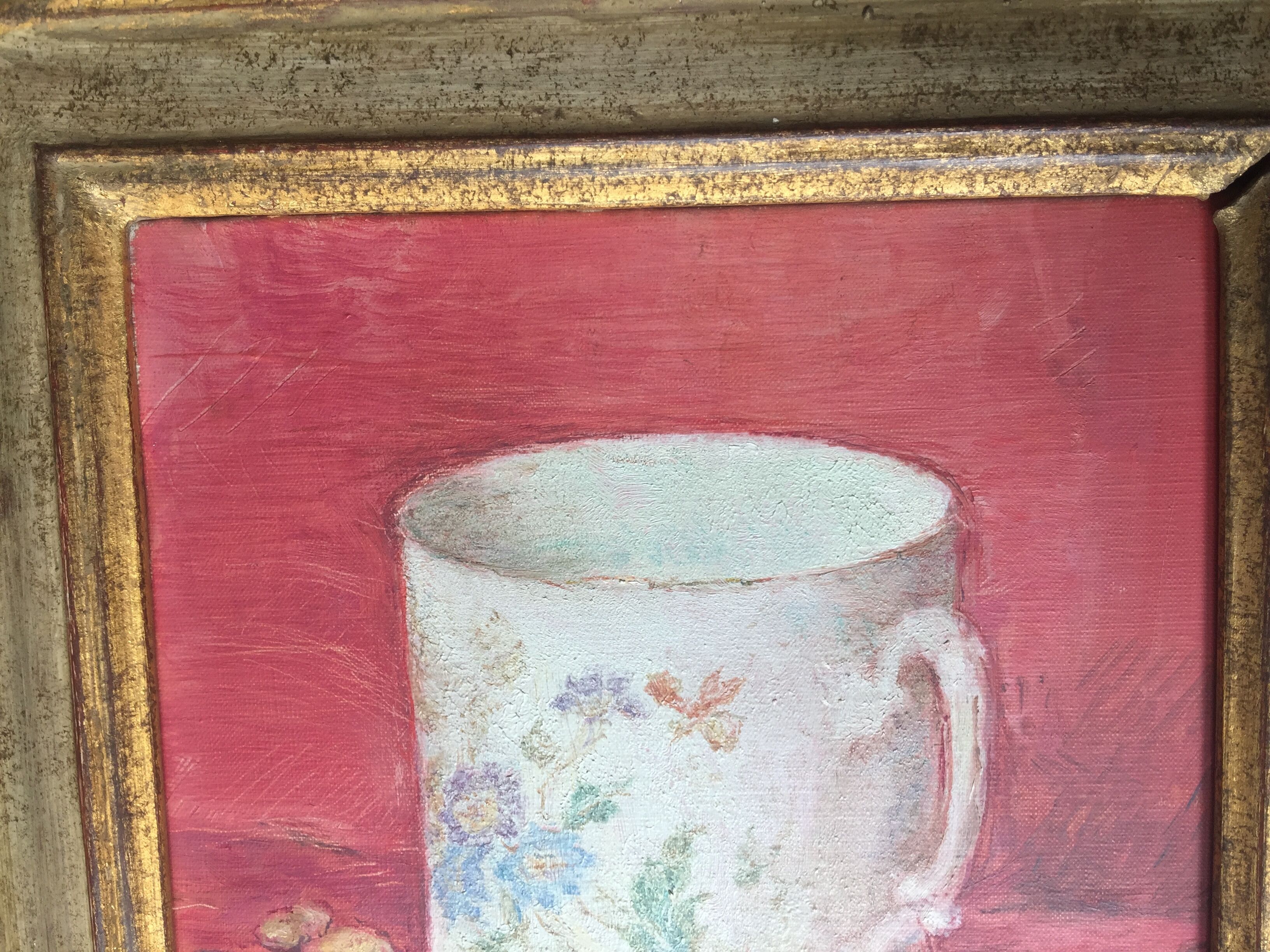 Original oil on still life canvas "La Tasse Fond Rose"