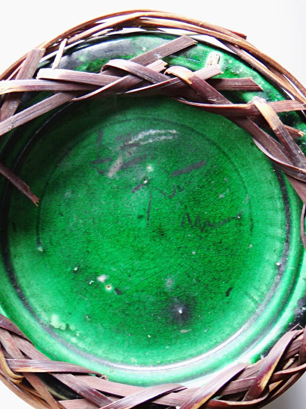 Japanese vase, green ceramic with bamboo lacing, Awaji Yaki, antique 1900-1930.