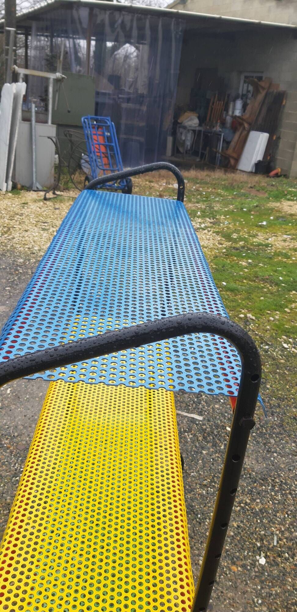 Vintage floor furniture perforated iron and metal