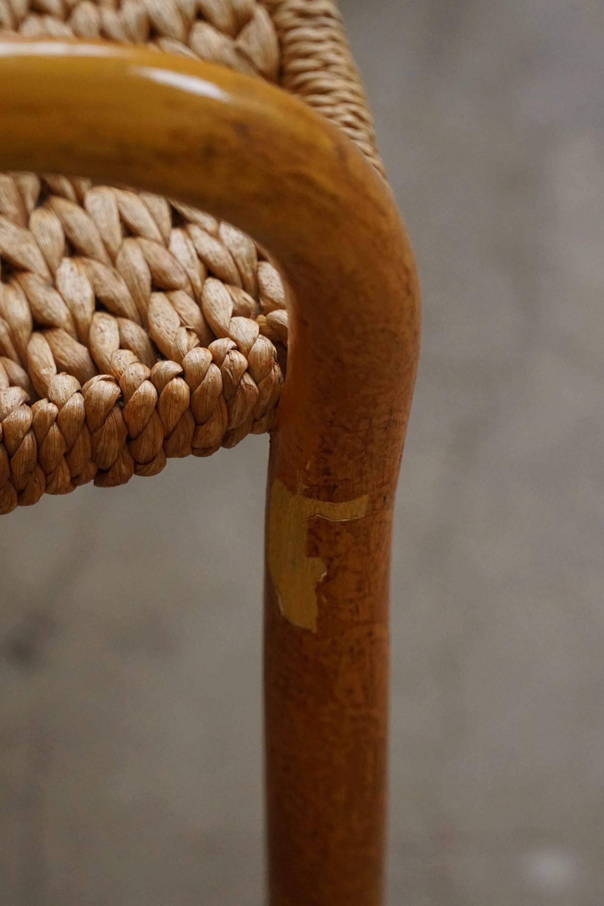 Set of 4 vintage Italian wicker and birch armchairs, mid-century modern, 1950.