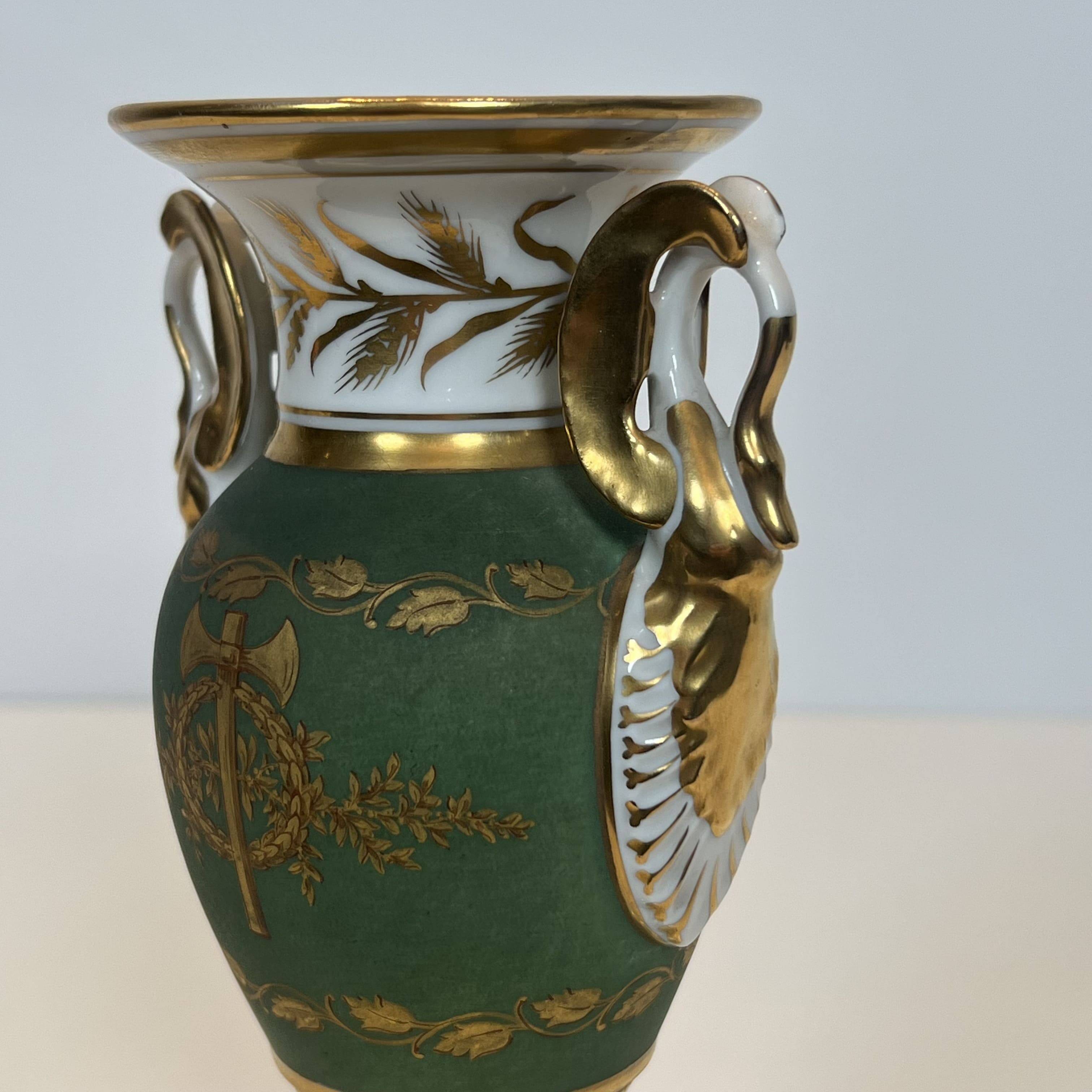 Pair of Empire Style Porcelain Vases, Decorated with Swans and Bundles