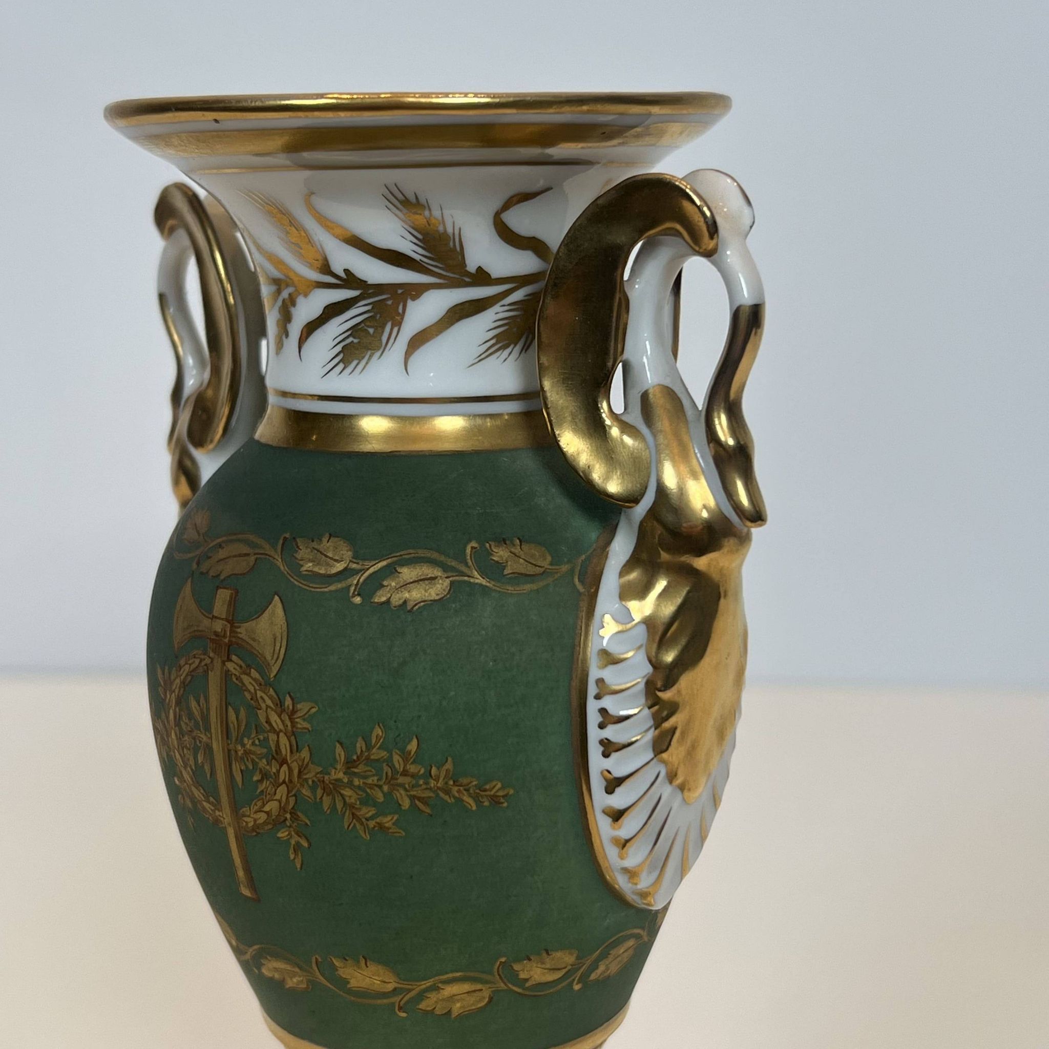 Pair of Empire Style Porcelain Vases, Decorated with Swans and Bundles