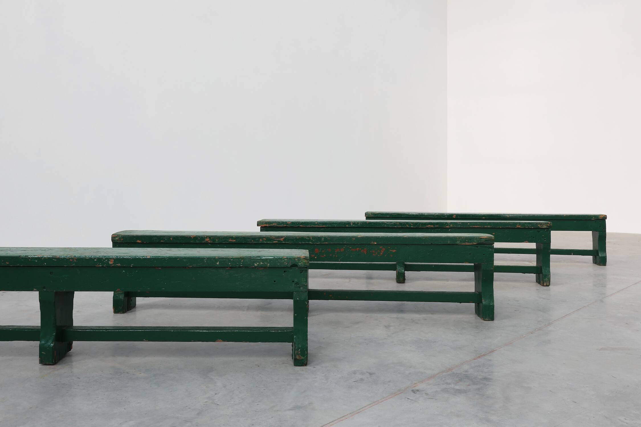 Rustic primitive green farmhouse bench in solid oak, France ca. 1900