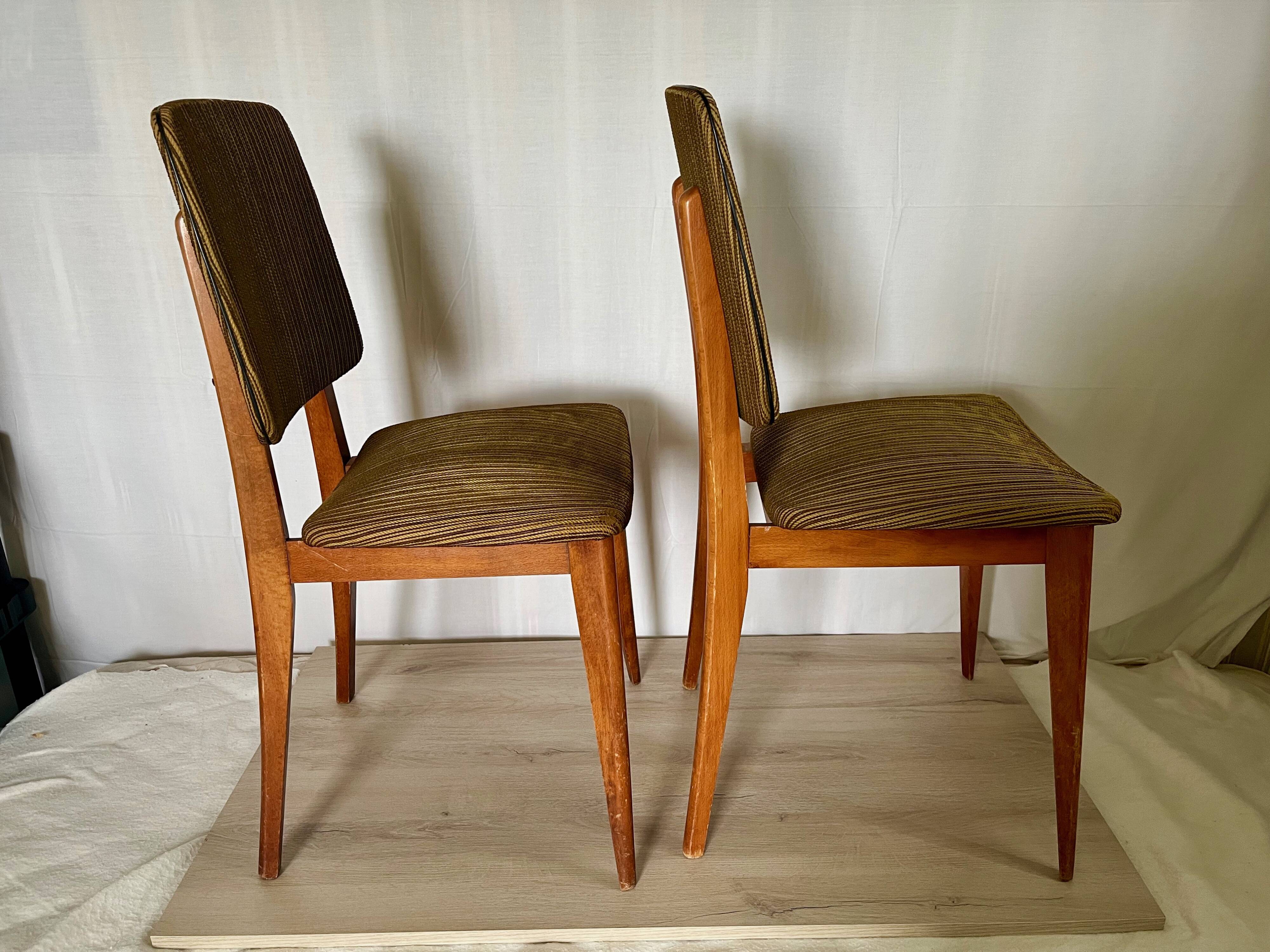 Pair of vintage chairs, in wood & green fabricpair of vintage chairs, in