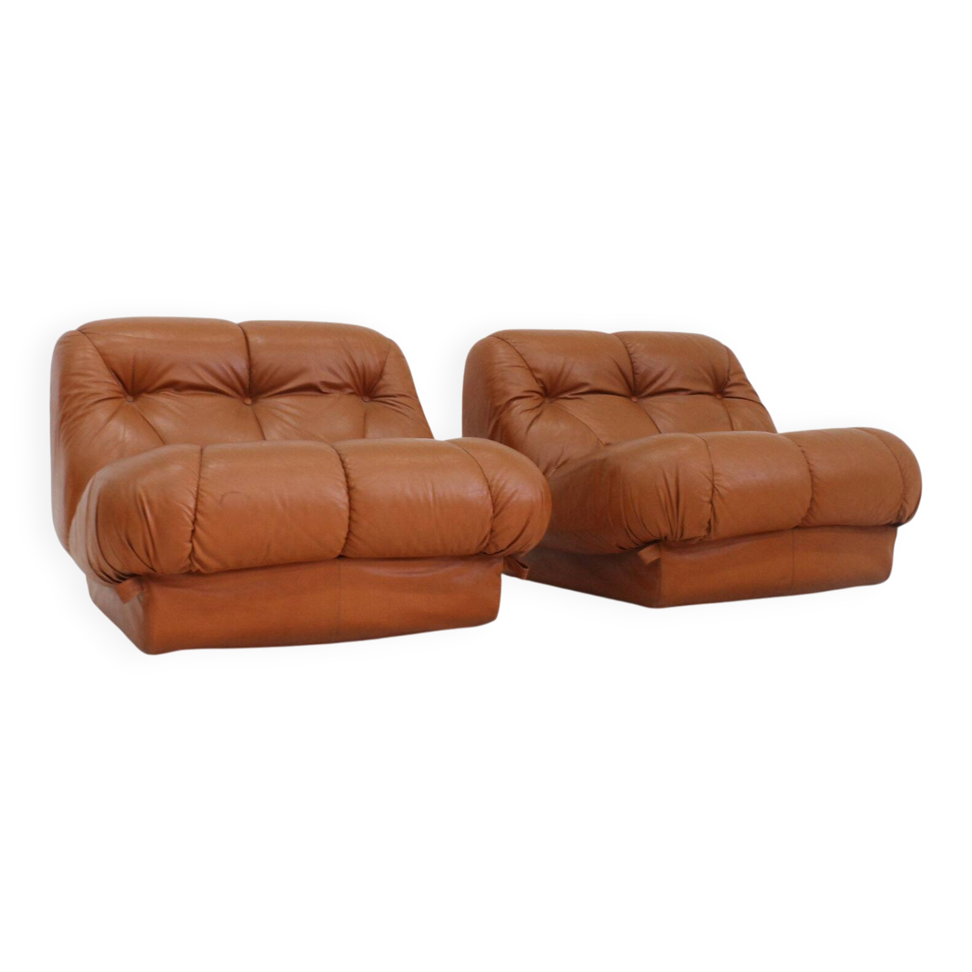 Set of vintage Mimo Padova Nuvolone lounge chairs in cognac leather, Italy, 1970s