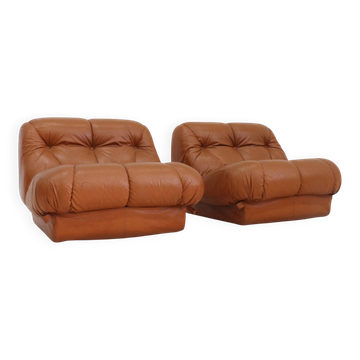 Set of vintage Mimo Padova Nuvolone lounge chairs in cognac leather, Italy, 1970s