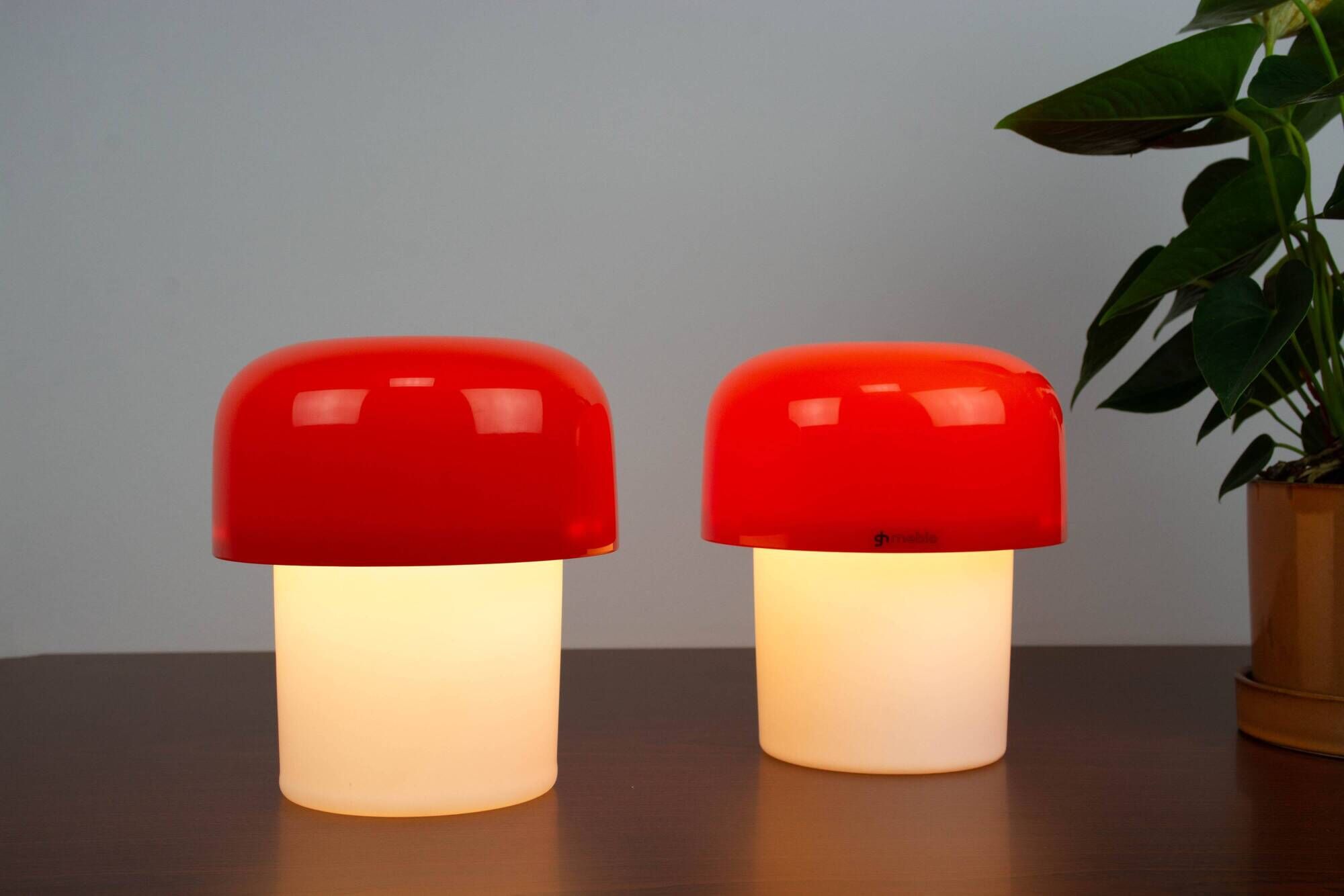 Set of 2 Space Age Orange Meblo Mushroom Table Lamps, Guzzini, 1970s