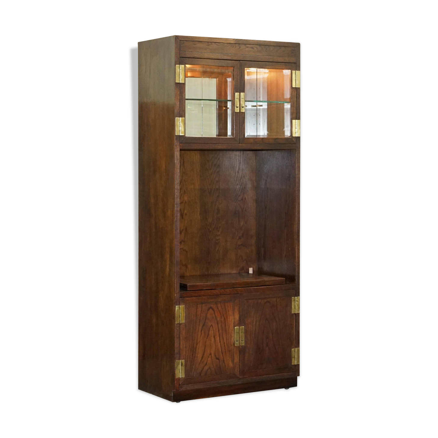Henredon multimedia furniture military campaign with sliding TV stand and double socket.