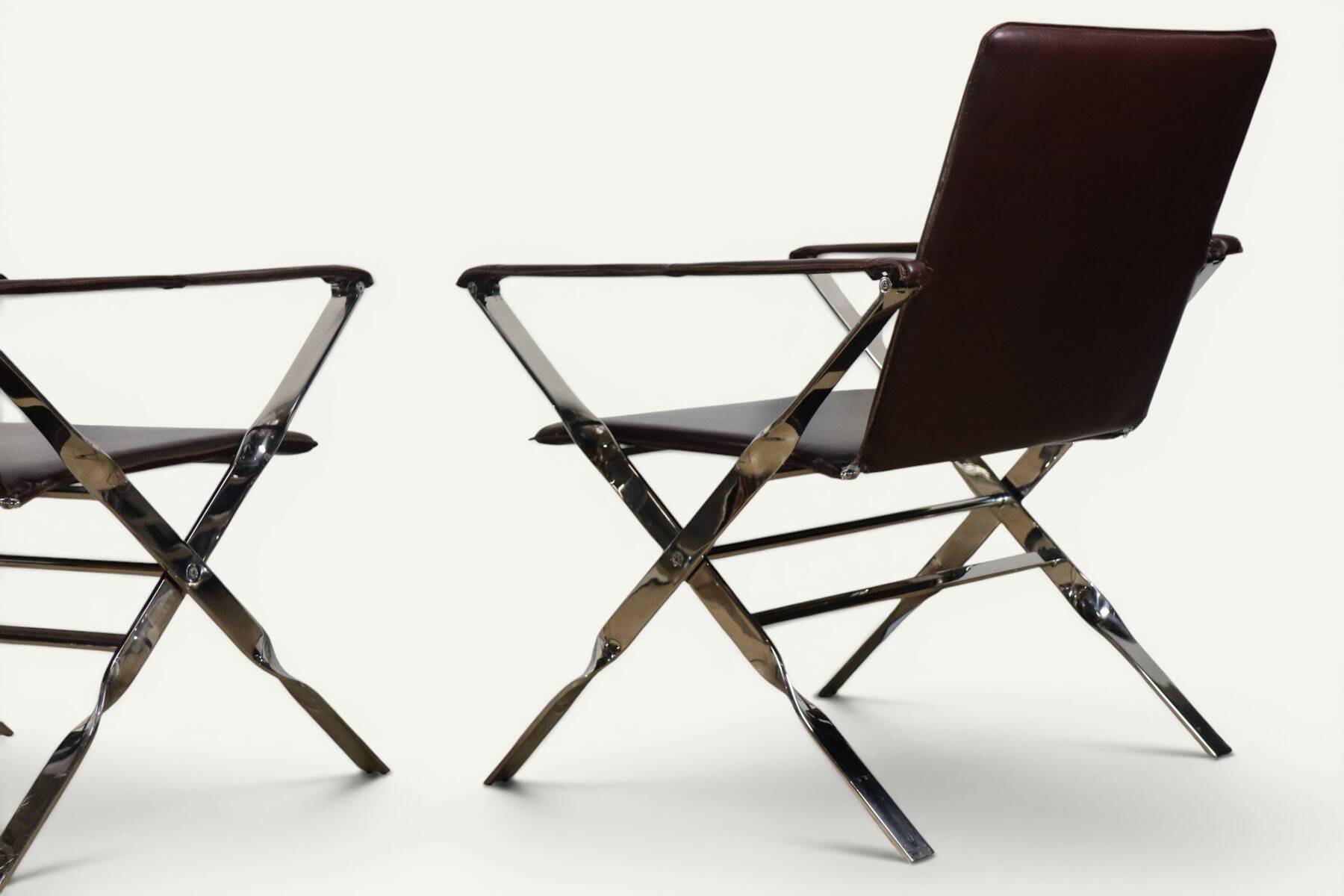 Pair of leather and chrome metal armchairs, Italy - 1970