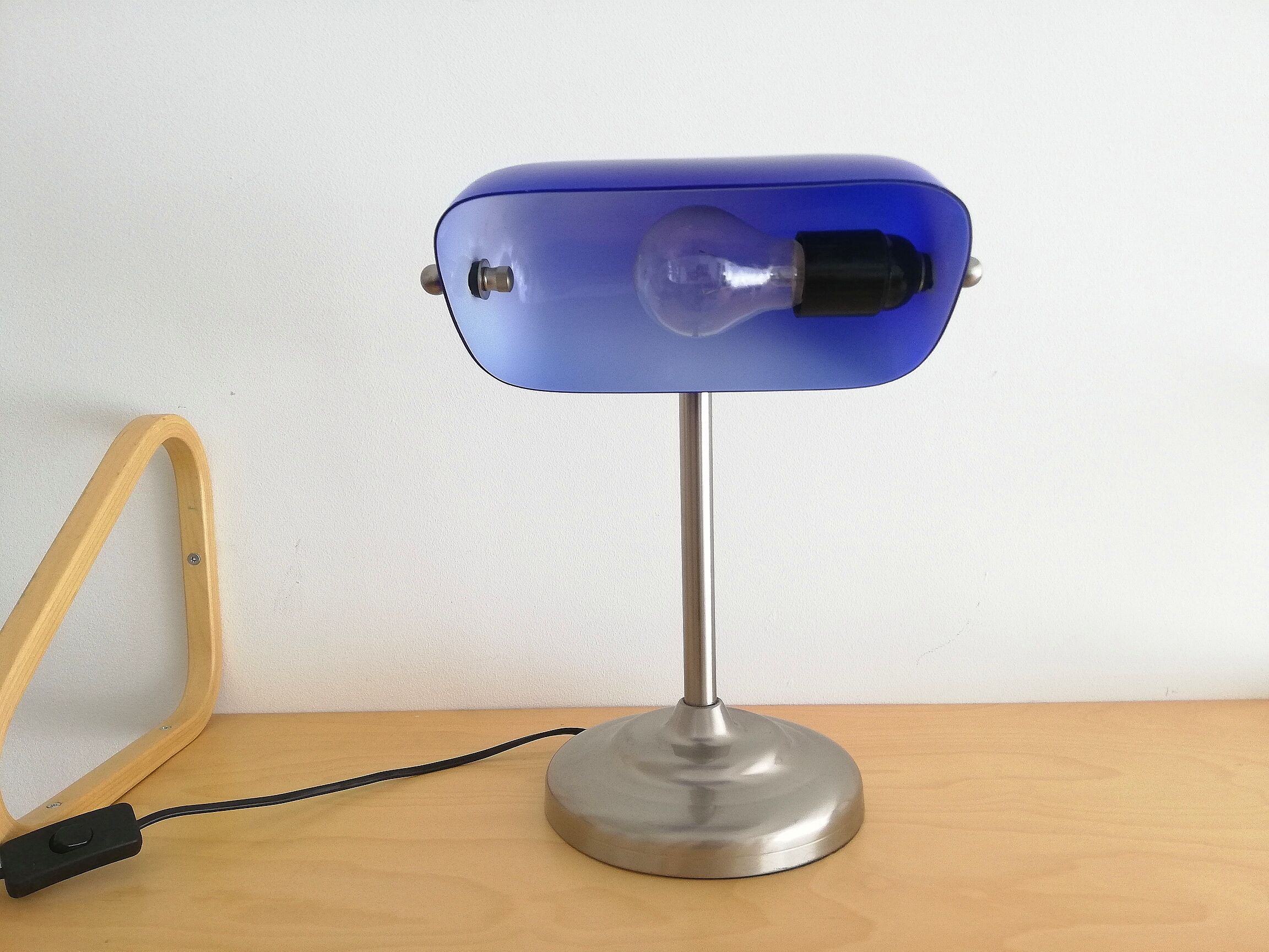 Blue glass and brass bankers lamp