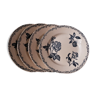 Set of 4 plates old blue flowers on cream background